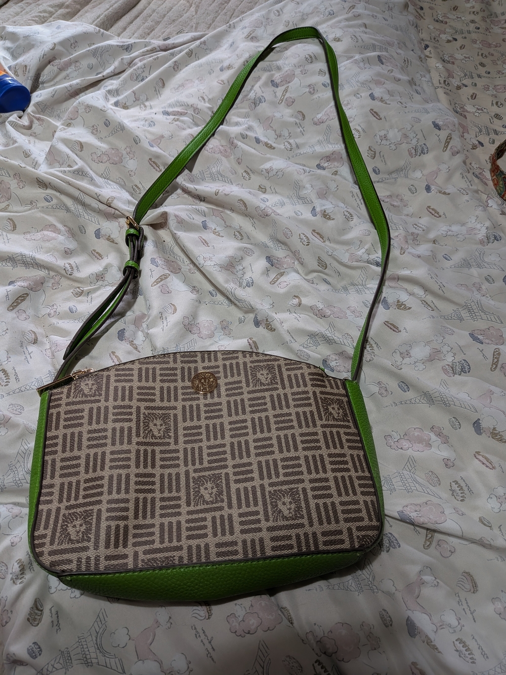 Anne Klein Beige Pattern Crossbody with Bright Green Trim